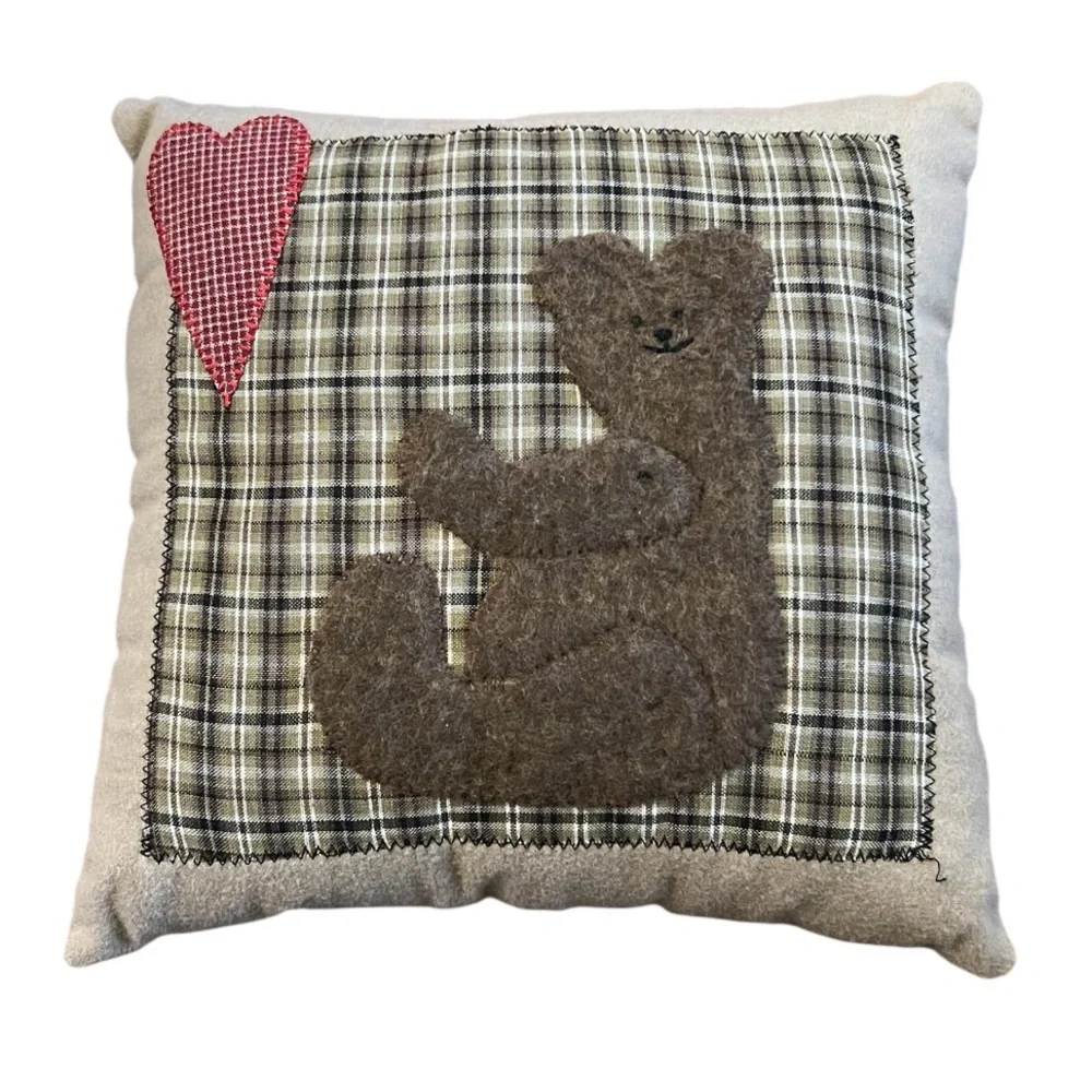 Plaid Brown Bear Holiday Pillow with Red Heart Hand Stitched New